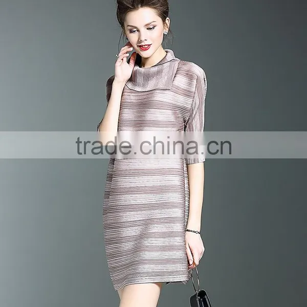 Women Striated Polo Neck Casual Pleated Dresses photo-5