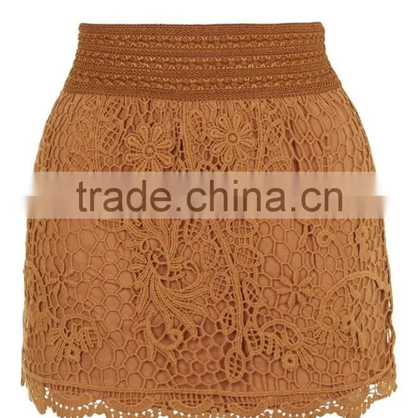 Wholesale OEM Services Crochet Mini Skirt For Ladies Lace Brown Mini Skirts With Wide Stretch Waistband photo-3