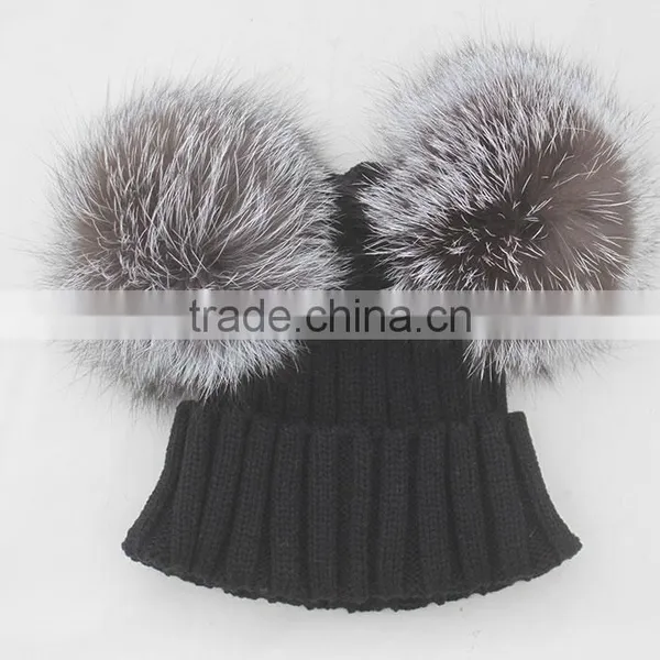 Myfur Black Double Silver Fox Fur Pom Puff Knitted Funny Cute Beanie Hats photo-6