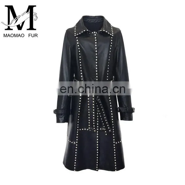 Women Fashion Long Black Rivet Real Leather Coat Leather Trench Coat photo-6