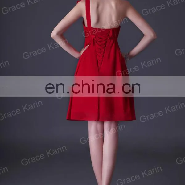 2015 Grace Karin Chiffon One Shoulder Short Red Bridesmaid Dress CL3476 photo-3