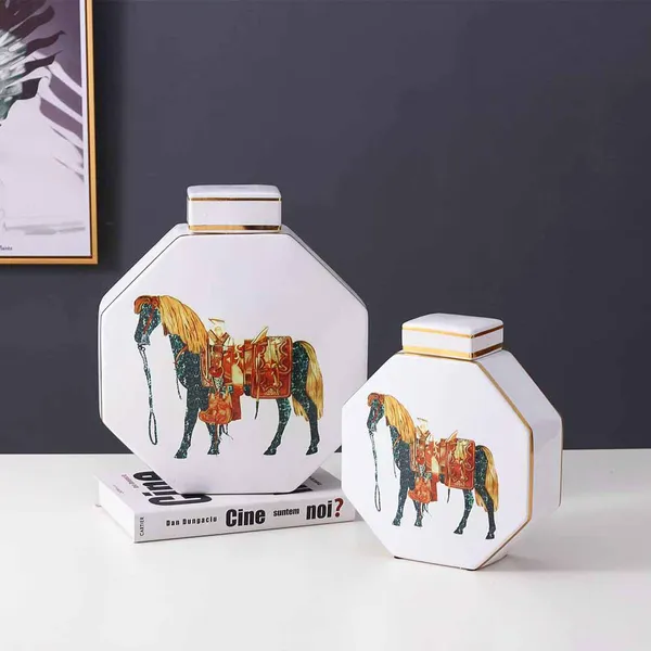 European Simple Style Hexagonal Cylinder Horse Painting Ceramic Flower Vase With Square Lid For Home Decoraration photo-2