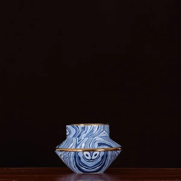 Electroplate Chinese Modern Simple Blue White Stripe Ceramic Vase Art For Living Room photo-3