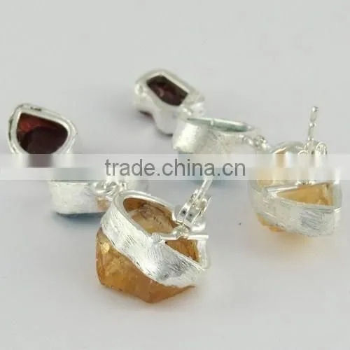 Designer Rough Citrine & Aquamarine & Garnet Silver Earring, Gemstone Silver Jewelry, Handmade Silver Jewelry photo-4