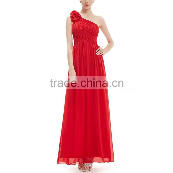 Appliqued Evening One Shoulder Flower Chiffon Dress Bridesmaid Dress Wedding Peacock Prom Dress photo-2