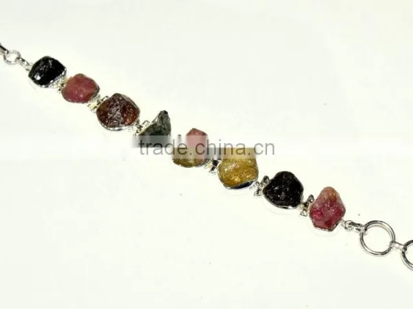 Rough Tourmaline Gemstones 925 Sterling Silver Bracelet