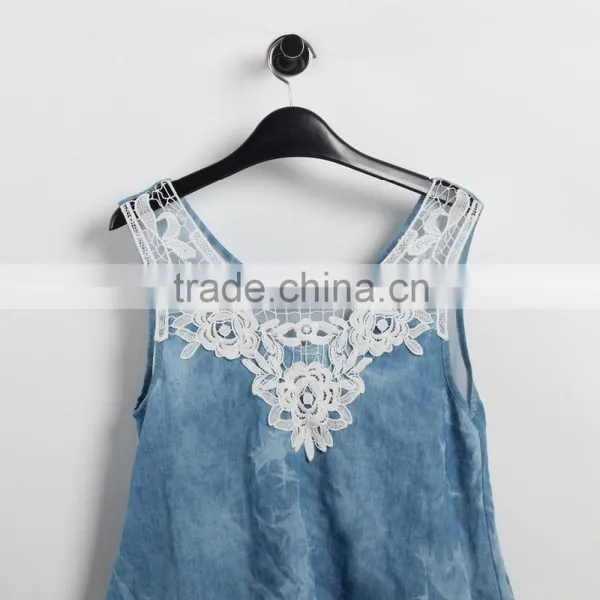 OEM Custom Designs Denim Shirt With Lace Sleeveless Causal Girl Woman Top in Guangzhou photo-2