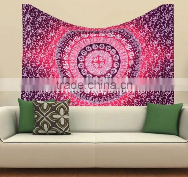 Indian Ombre Gypsy Elephant Hippie Mandala Wall Art Queen Cotton Boho Wall Hanging Home Decorative Ethnic Tapestry