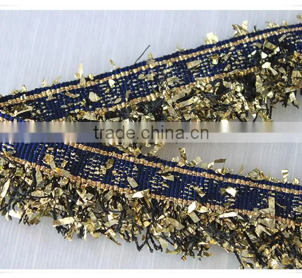 China Fancy Novelty Metallic Blue Tape With Gold Lurex Tassel Fringe Trim photo-4