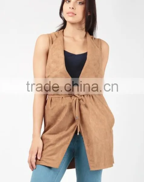 Designer Sleeveless Jackets Trendy Suedette Roll Neck High Waist Sleeveless Jacket Ladies For Outdoor Casual Wear photo-2
