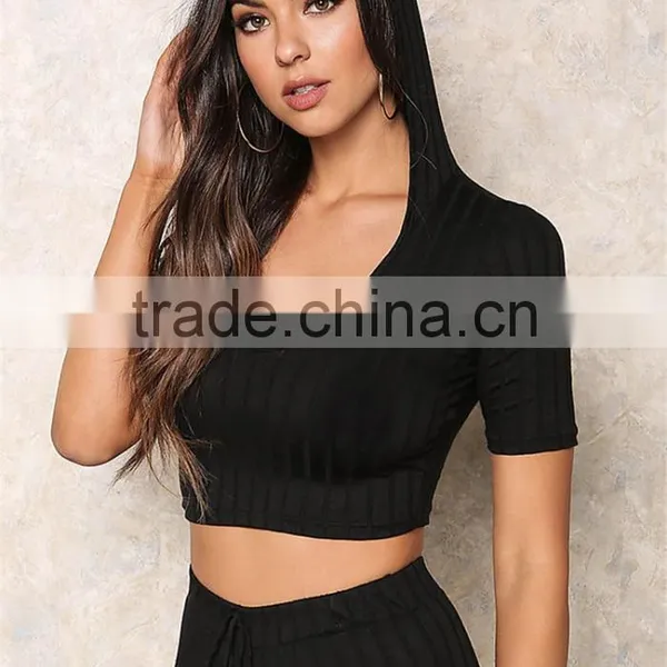MGOO High Quality Black Ribbed Hood Tops Sleeveless Cropped Tops And Legging For Running Tracksuits Plain Basic photo-5