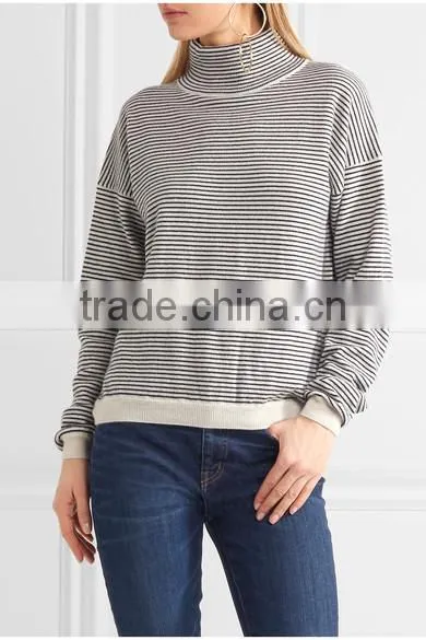 High Quality Woman Wearing Cashmere Thin Striped Turtleneck Sweater photo-2