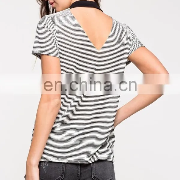 Custom Wholesale V-neck and Back Cotton Striped t Shirt for Women photo-3