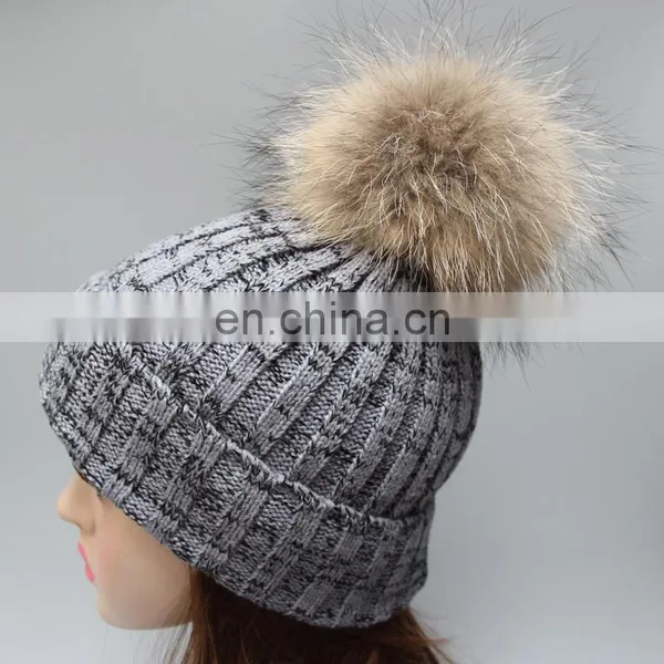 Winter Lady Knit Beanie Hat With Real Raccoon Fur Ball photo-3