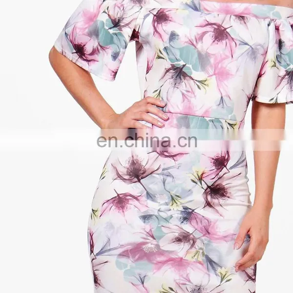 Newest Women Clothes Frill Sleeve Print Floral off Shoulder Midi Dress photo-4