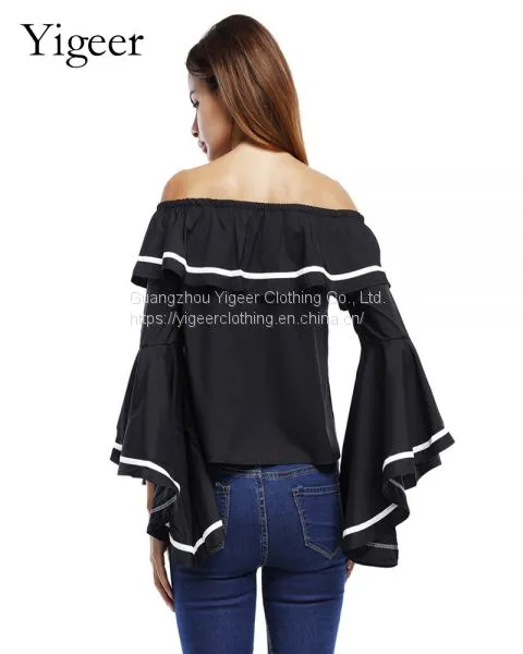 Off Shoulder Flare Sleeve Fashionable Loose Top Blouse photo-5