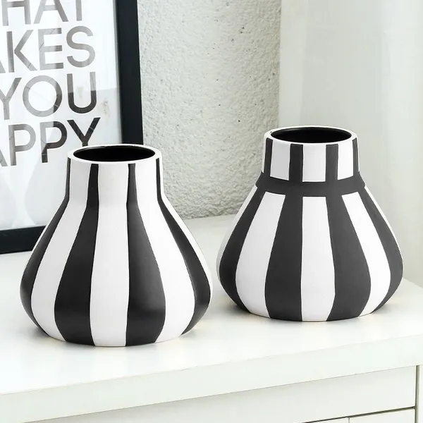Classics White And Black Stripe Large Simole Style Ceramic Vase, Hotel And Living Room Decoration photo-2