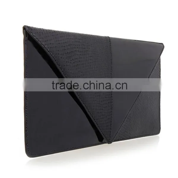 Black Patchwork Lizard Skin and Suede Leather Flat Envelope Hand Bag Clutch Bag Handbag for Women photo-3