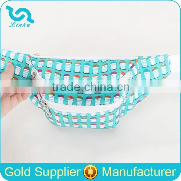 Custom Ice Cream Printed Polyester Waist Pouch 3 Zippered Pockets Waist Pouch Bag