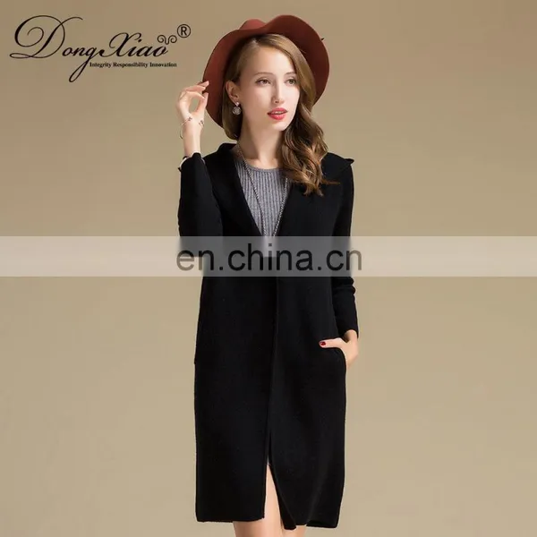 High Quality 100% Cashmere Knitted Coat Long Hooded Cardigan With Casual Style Solid Pattern for Winter Season photo-5