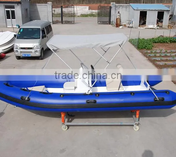 4.7m Blue Fibreglass Inflatable Boat for Water Sports With Stainless Steel Sunshade