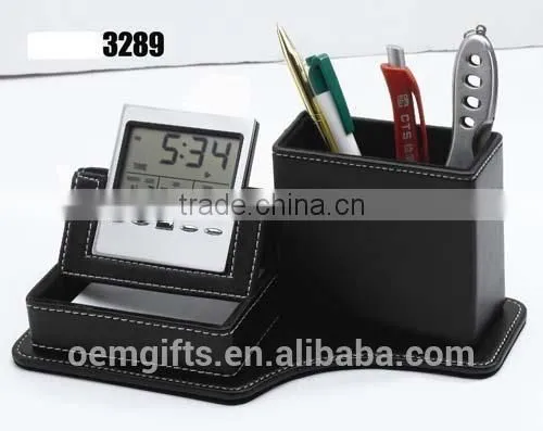 Novelty Calendar Black Leather Pen Holder With Business Name Card Holder And Memo Pad Holder