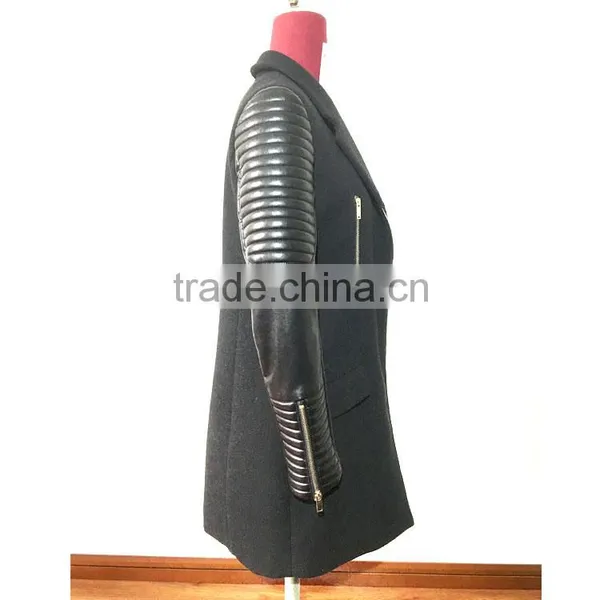 2016AW Woolen Garment Customized Woman's Fashion Long Biker Coats Embroidered PU Sleeve photo-3