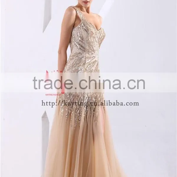 Fashion One Shoulder V Neck Beaded Long Japanese Prom Dresses 2015 Vestidos de Fiesta photo-4