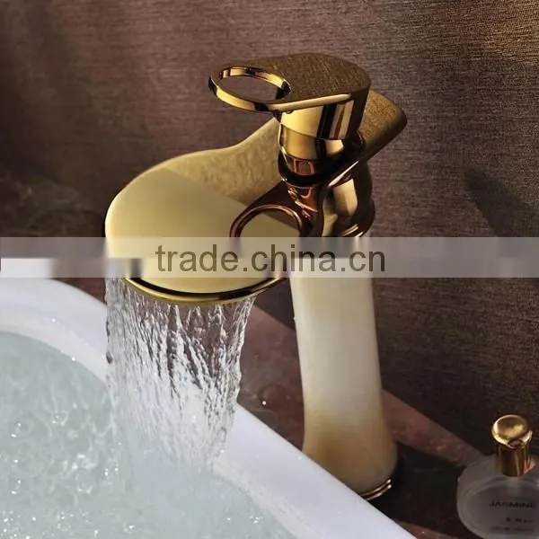 Gold Plated Waterfall Faucet ,oak Wood Cabinet Faucet , Marble Counter Basin Mixer photo-2