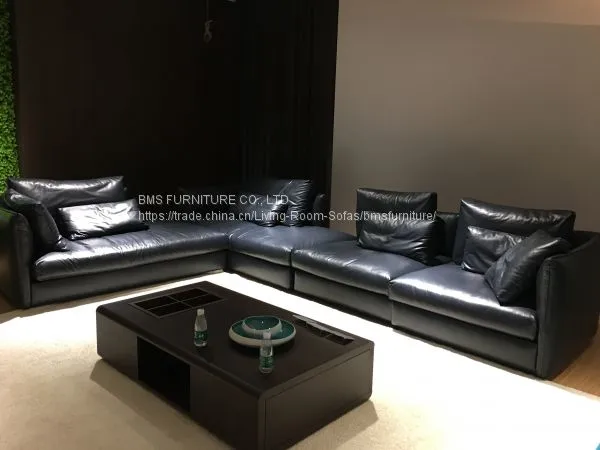 Italian Modern Full Leather High End Large Sectional Sofa Black photo-3