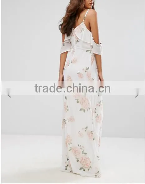 Guangzhou Wholesale Clothing OEM Cold Shoulder Rose Floral Fresh Dresses photo-2