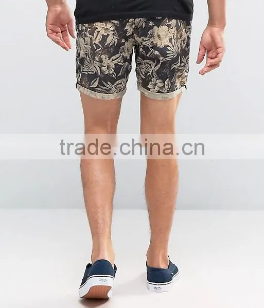 2016 High Quality Latest Custom Side Slant Pockets Men's Flower Printing Slim Fit 100% Cotton Soft Touch Zip Fly Casual Shorts photo-2