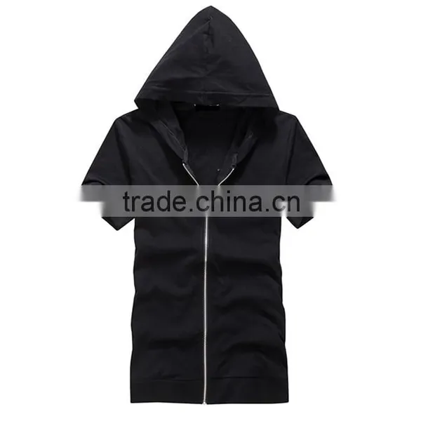 Hot Sale Custom Cotton/spandex Men's Short Sleeve Black Hoodie photo-3