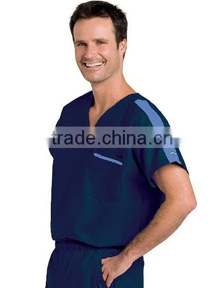 Men's V-Neck Medical Scrub Top With Contrast Stripe on Shoulder and Pocket photo-3