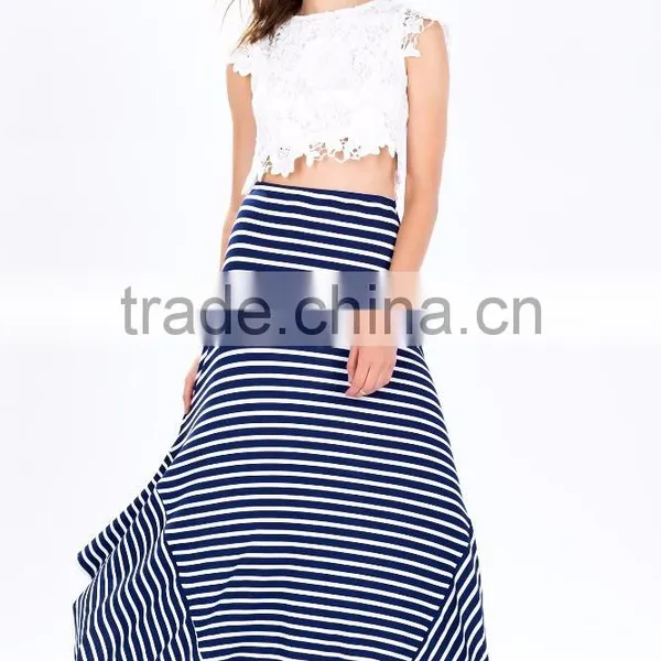 2015 Wholesale Fashion Design Women Stripe Long Skirt Asymmetrical High Waist Maxi Long Skirt for Women photo-2