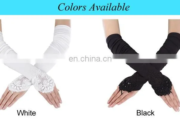 Grace Karin Womens 19" Lace Embellished Pleated Black And White Color Fingerless Gloves Bridal Wedding Gloves CL010471 photo-6