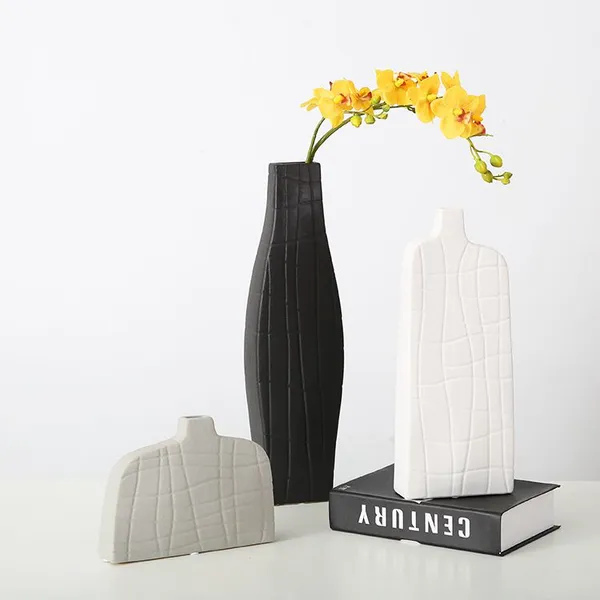 Flat Black And White Stripes Simple Art Style Ceramic Vase, Creative Design Home Decoration photo-3