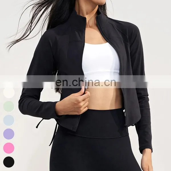 Custom Women Clothing Stand Up Collar Full Zip Drawstring Sports Tops Long Sleeve Gym Fitness Short Jackets Women Yoga Jacket photo-5