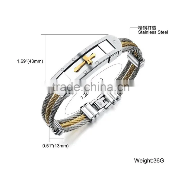 Wholesale Titanium Steel Man Bangles Three Rows Between Steel Wire Armoured Gold Bracelet With Cross photo-4
