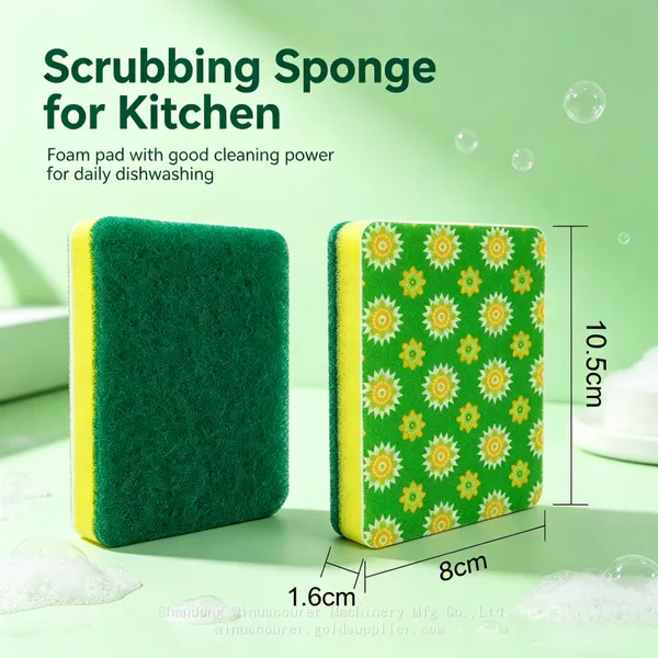 Wholesale Household Green Kitchen Scrubber Sponge Printed Pattern Scouring Pad Sponge photo-4