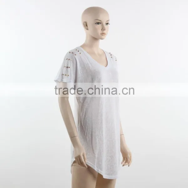 F5W13021 New Fashion Beads Embroidered Women White Long Sleeve T Shirts photo-2