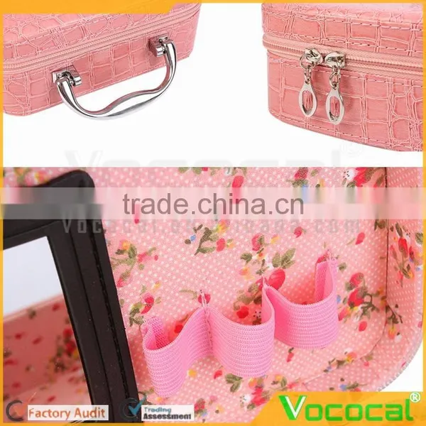 PU Leather Cosmetic Makeup Box Case Toiletry Organizer Storage Handbag With Mirror Crocodile Pattern Pink photo-4
