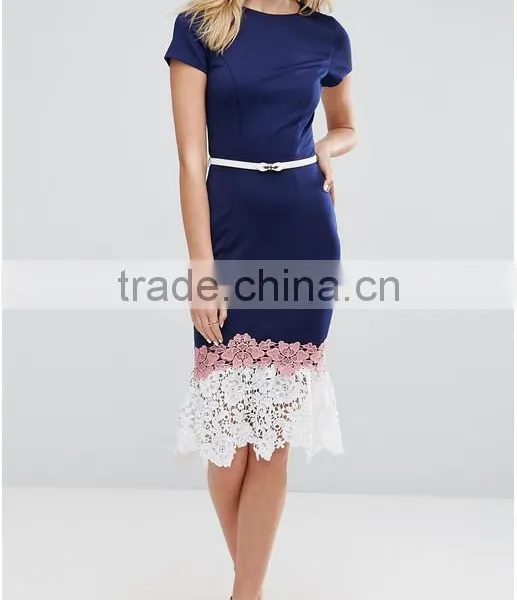 China Women Lady Clothing Oem Round Neck Cap Sleeves Contrast Belt Crochet Lace Hem Bodycon Dress With Belt Detail