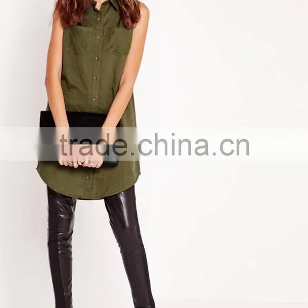 High Quality Elegant Women Khaki Sleeveless Soft Material Shirts photo-3