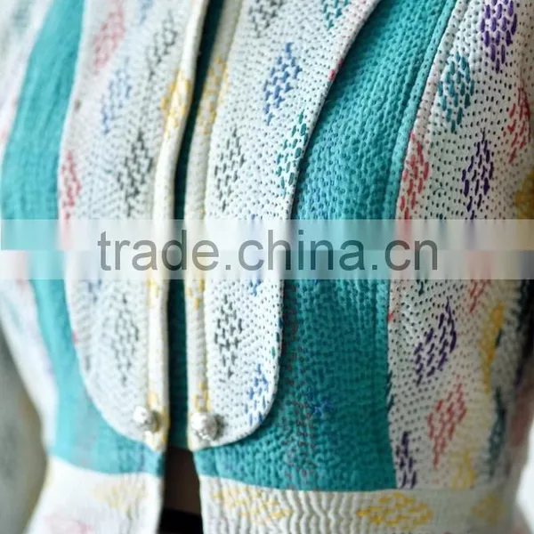 Vintage Kantha Jacket in Cream & Green Color ~ Extra Large photo-5