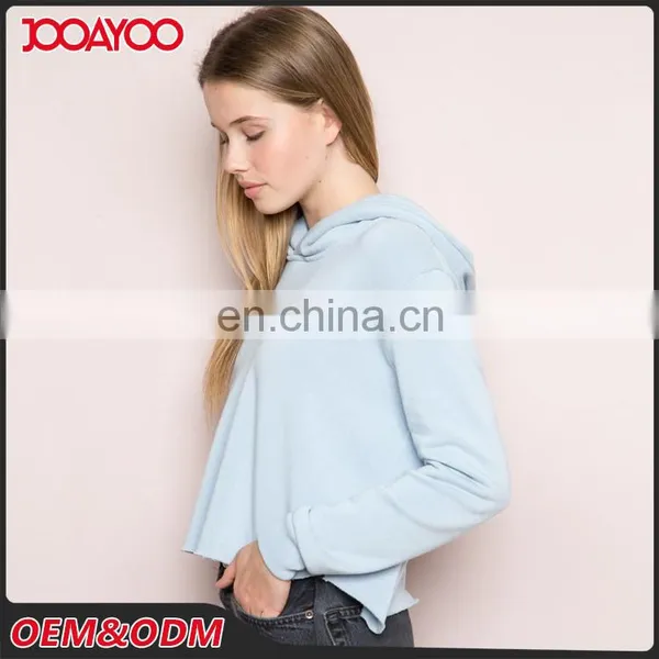 Soft Fleece-lined Pastel Blue Cropped Raw Cut Hems Blank Pullover Hoodie photo-2