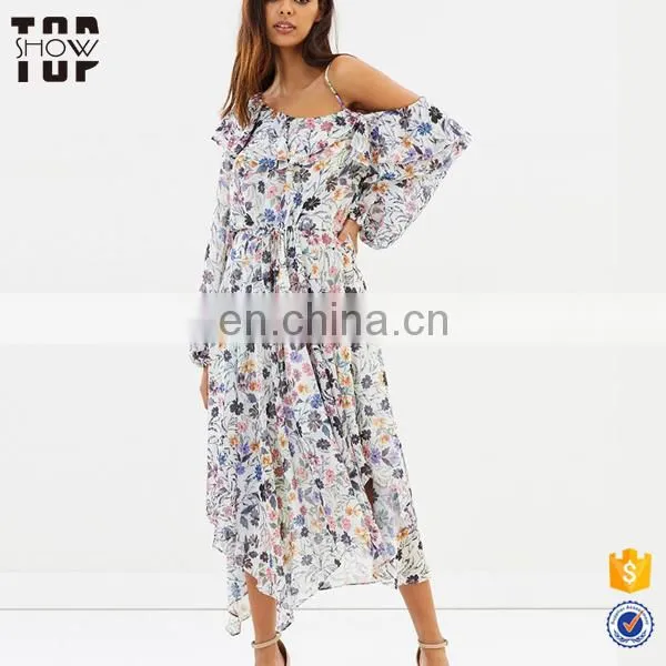 OEM Woman Dress One Shoulder Print Long Chiffon Dress