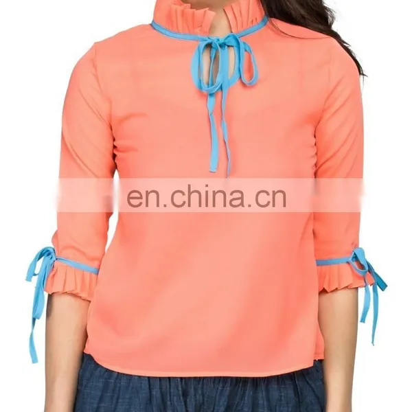Pink Ruffle And Drawstring Top- Three Quarter Sleeves Three Quarter Sleeve Top With Tiered Ruffle and Lace Trim for Women photo-5