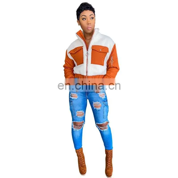 Stand Collar Long Sleeve Fleece Cropped Jackets Autumn Winter Zipper Pockets Plush Soft Coat Casual Color Block Furry Outerwear photo-3