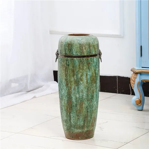 Air Bubble Glaze Modern Simple Fashion Green Large Ceramic Vase With Ring For Office Decor photo-4